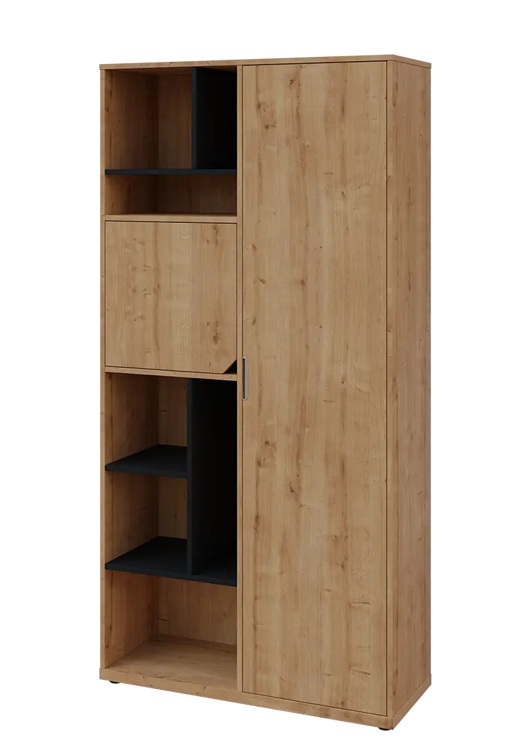 KSR6-83 P skříň šatní, 1x výsuvné ramínko, dvířka, niky, 2053x1022x400 mm, provedení pravé, korpus a dvířka dub lite/police černá